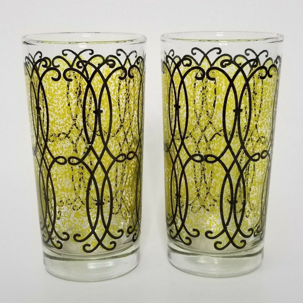VTG Set of‎ 2 Libbey Mid Century Black Yellow Highball Glasses Flashed Barware